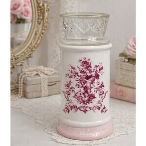 Pink Toile Cherub Lidded Jar Vase French Country Coquette Shabby Chic Cottage